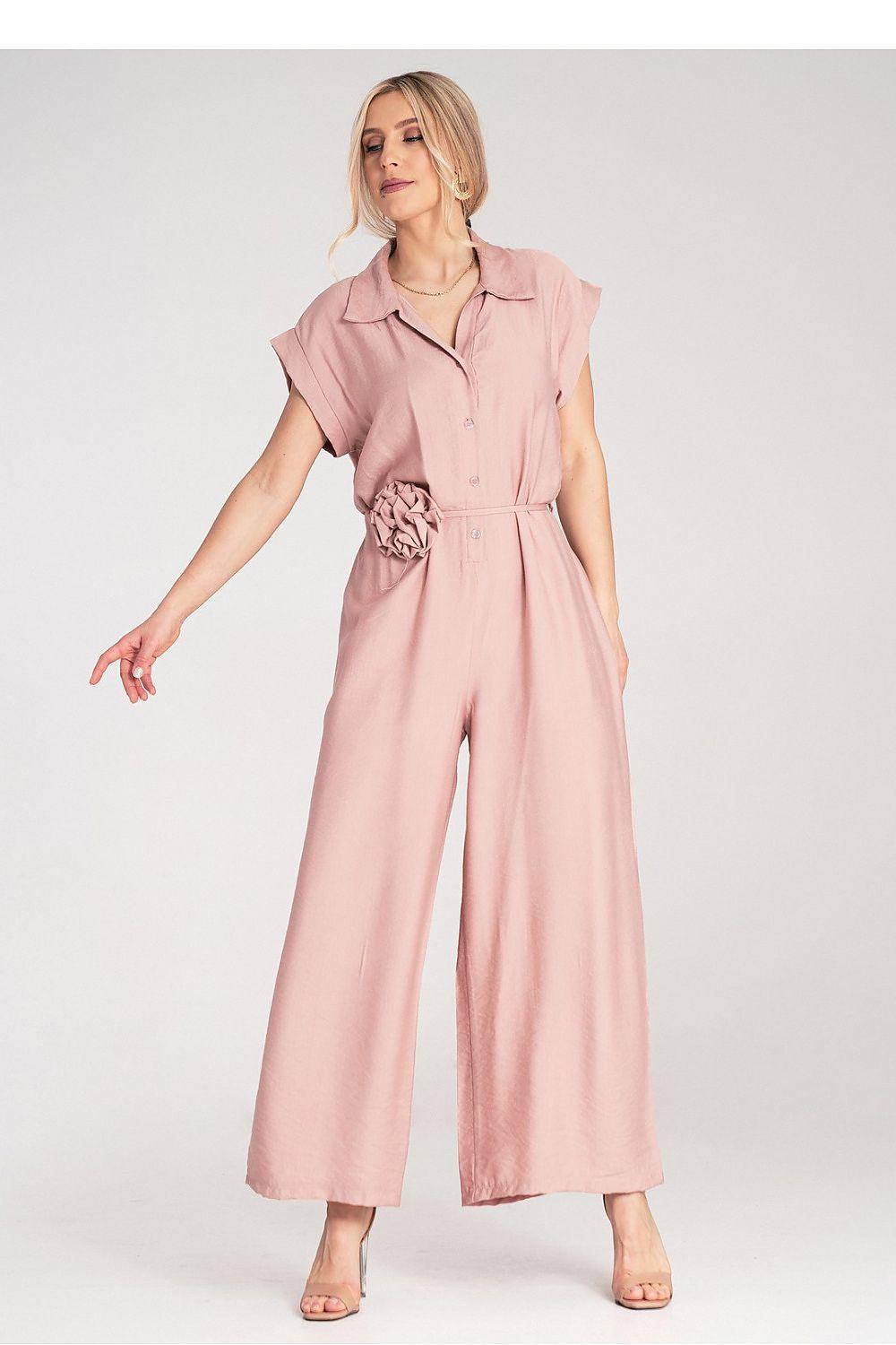 Figl jumpsuit model 214798: short-sleeve button-front wide-leg, belted waist, dusty pink