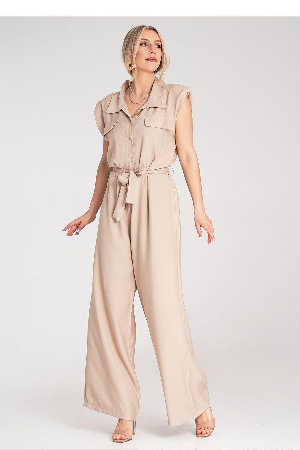 Beige sleeveless wide-leg jumpsuit with collar and belt tie, front view