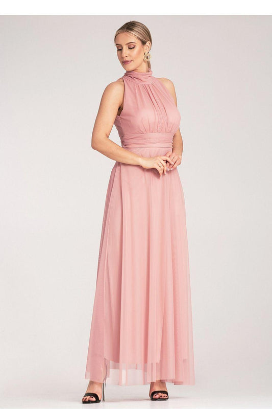 Pink halter-neck maxi cocktail dress with ruched bodice and soft tulle skirt.