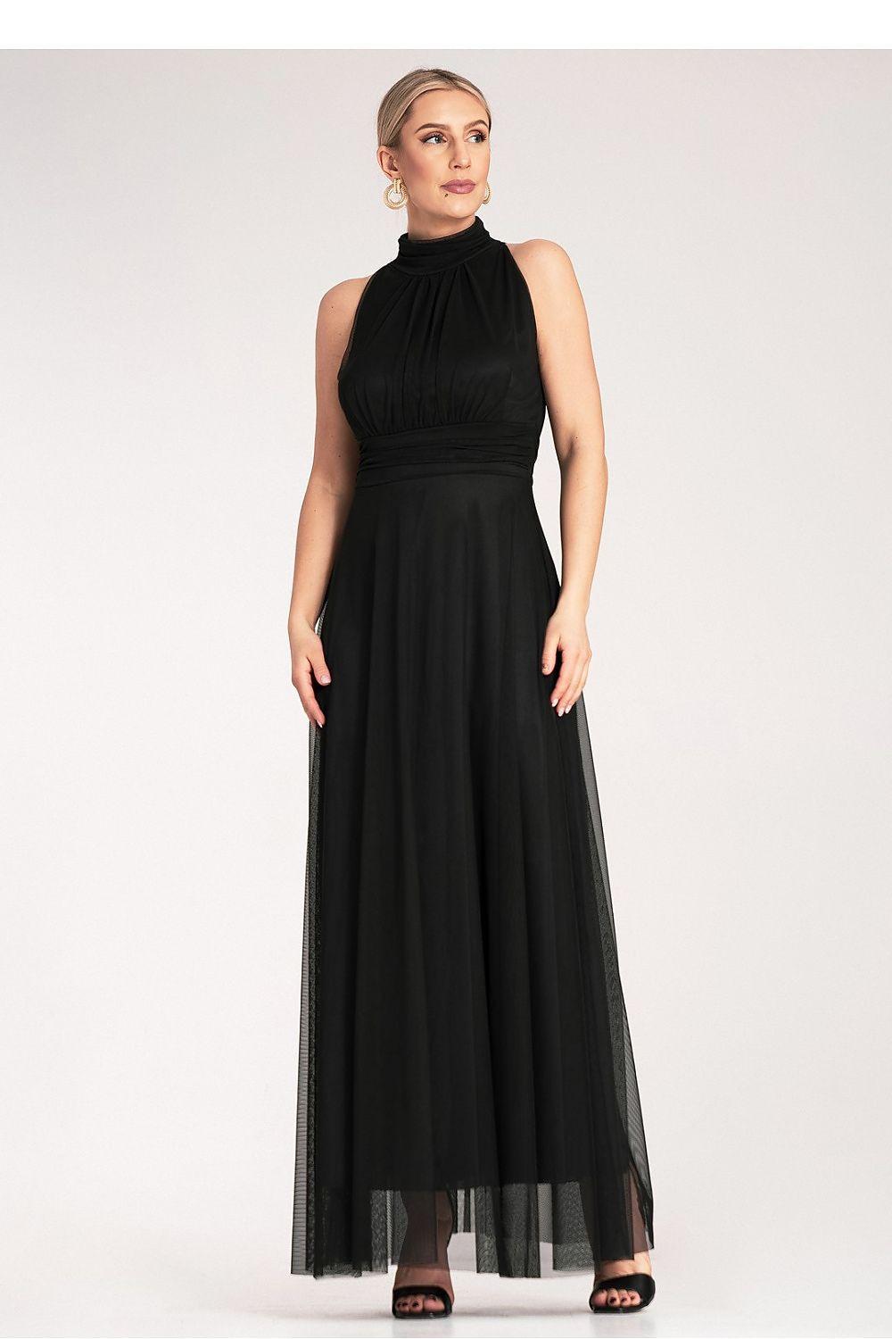 Cocktail dress in black, sleeveless high neck with fitted bodice and layered tulle skirt