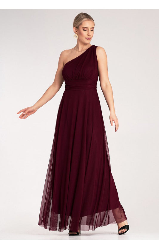 Burgundy one-shoulder maxi evening dress with gathered waist and tulle-trimmed skirt
