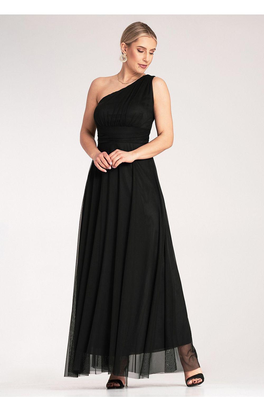Evening dress Figl in black, diagonal neckline, fitted waist, layered tulle skirt