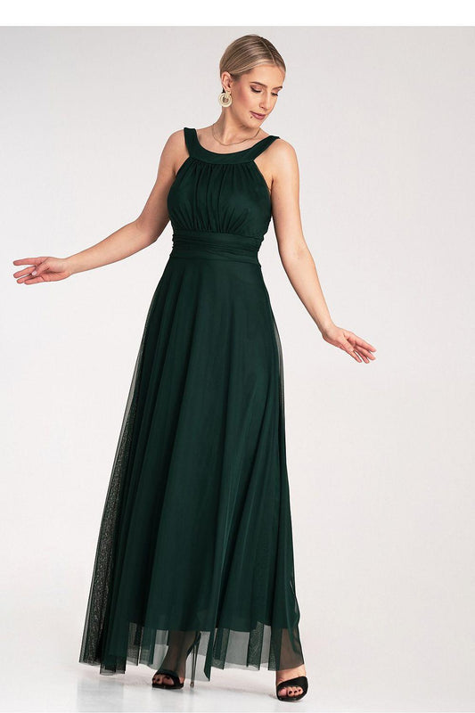 Dark green evening dress, sleeveless high neck, gathered waist, flowy tulle skirt
