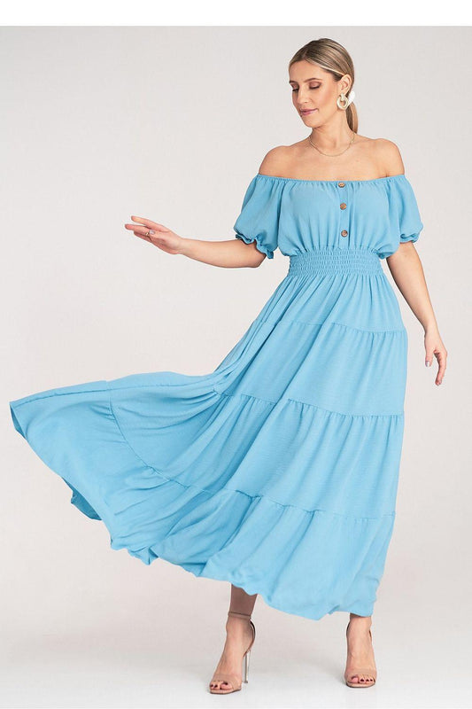 Blue off-shoulder maxi daydress with flowing tiered skirt and small front buttons