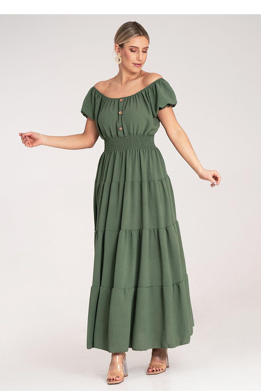 Figl daydress in green with off-shoulder neckline, gathered waist, and tiered flowing skirt