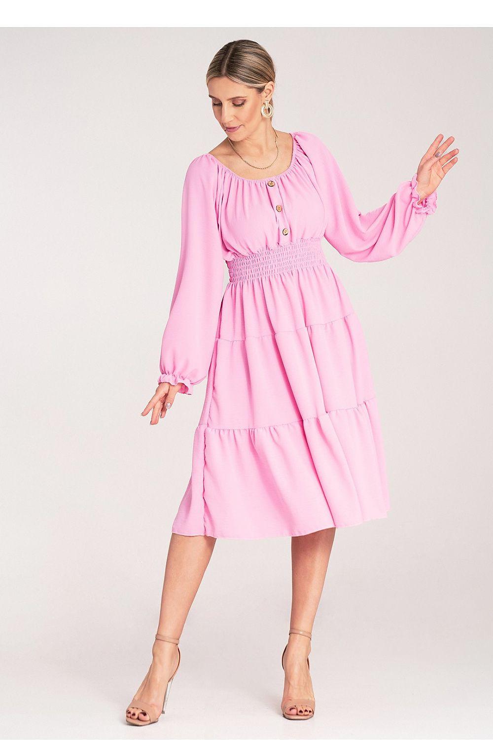 Pink tiered daydress with gathered neckline and long sleeves