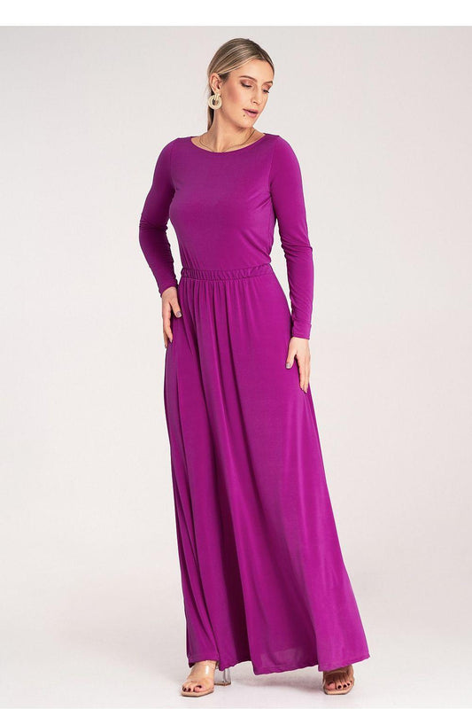 Violet long-sleeve maxi dress with elastic waist and flowing pleated skirt