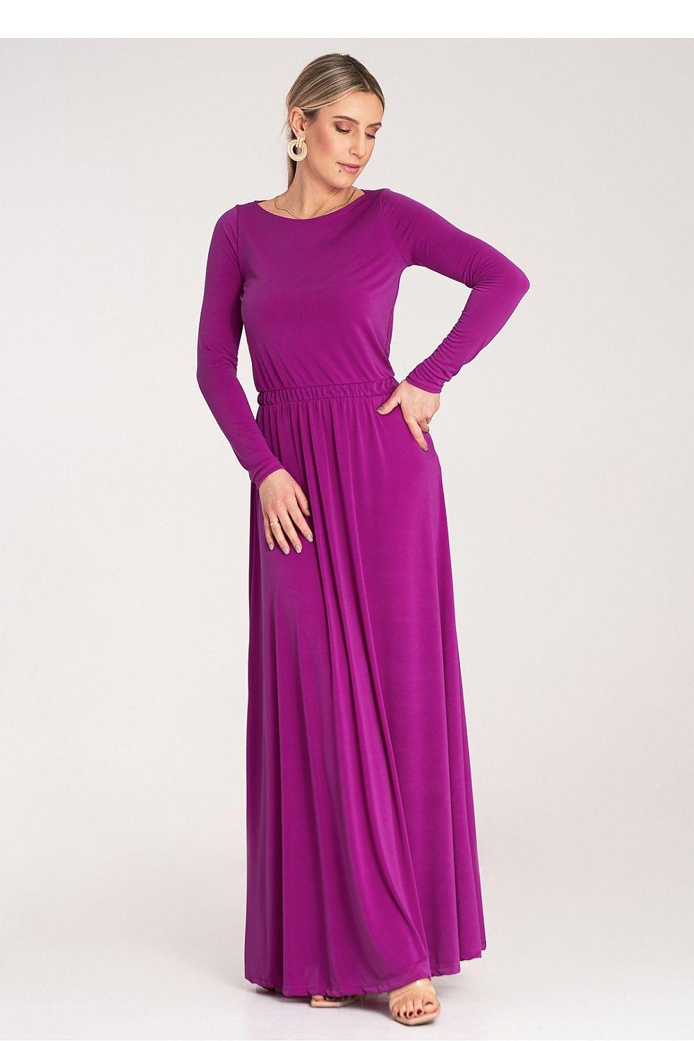 Figl violet long-sleeve daydress with gathered waist and pleated maxi skirt