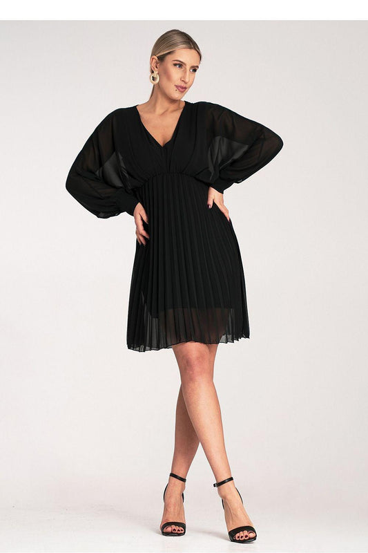 Black cocktail dress with V-neck and long puff sleeves, pleated fit-and-flare front