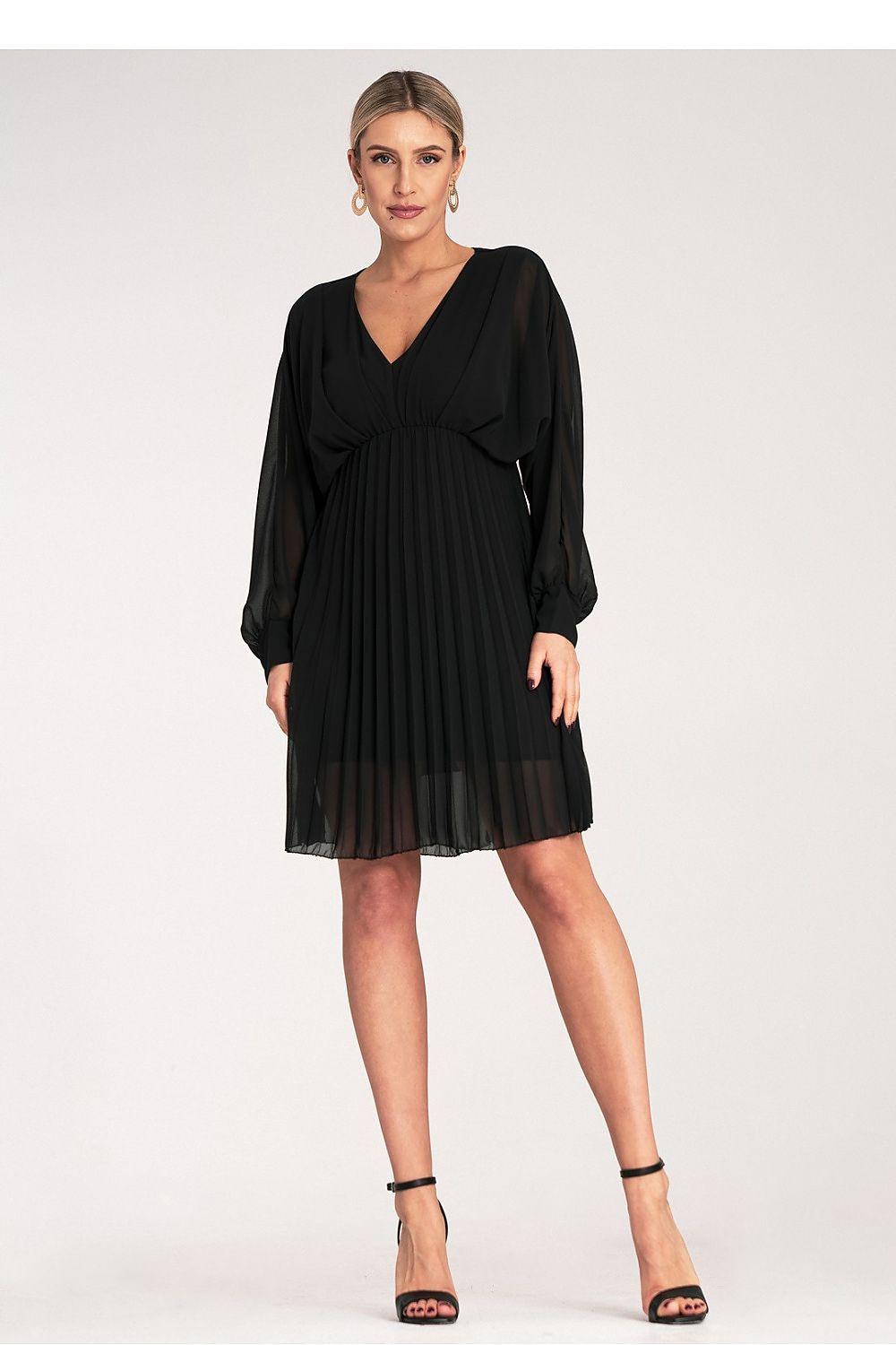 Black cocktail dress with V-neck, gathered waist, long sleeves and pleated chiffon skirt