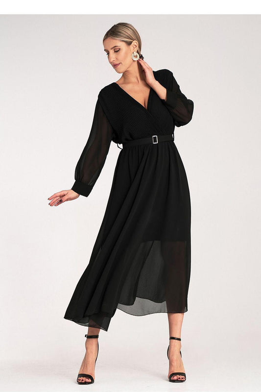 Black cocktail dress with V-neck, waist belt, three-quarter sleeves, flowing midi skirt.