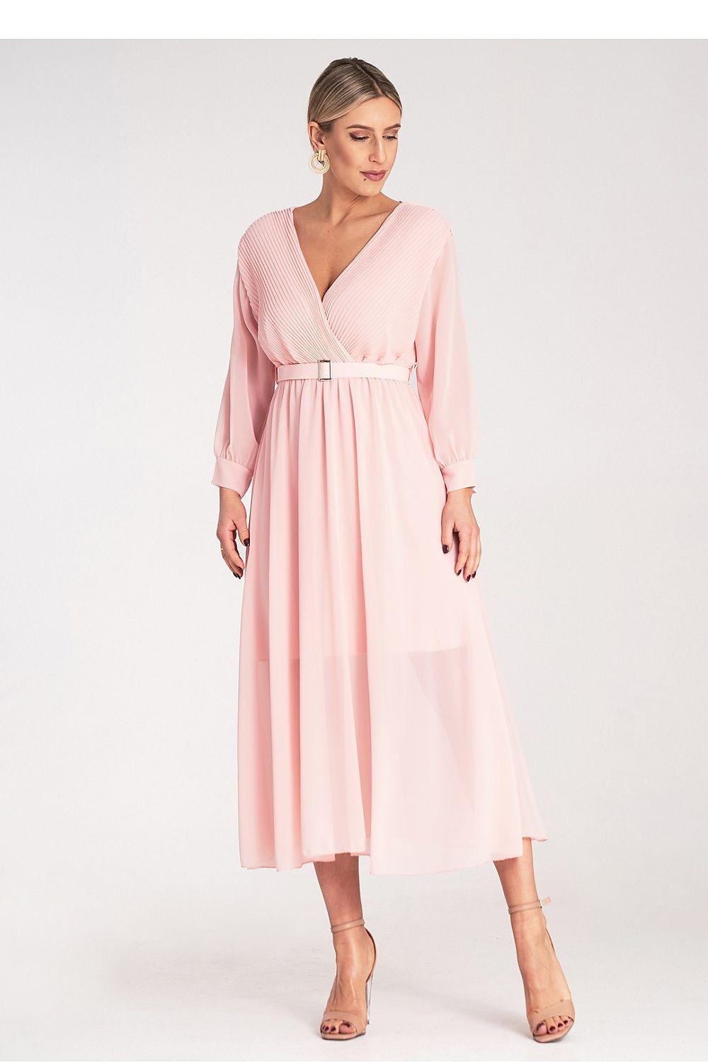 Pink cocktail dress with V-neck and waist belt, long sleeves, flowing midi skirt.