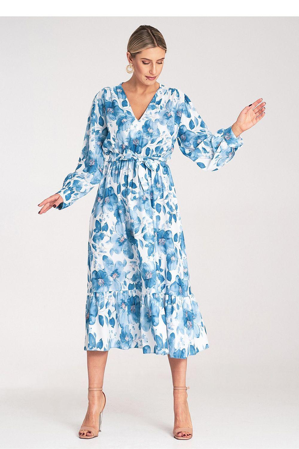 Figl daydress with long sleeves and V-neck, light blue floral pattern and gathered waist