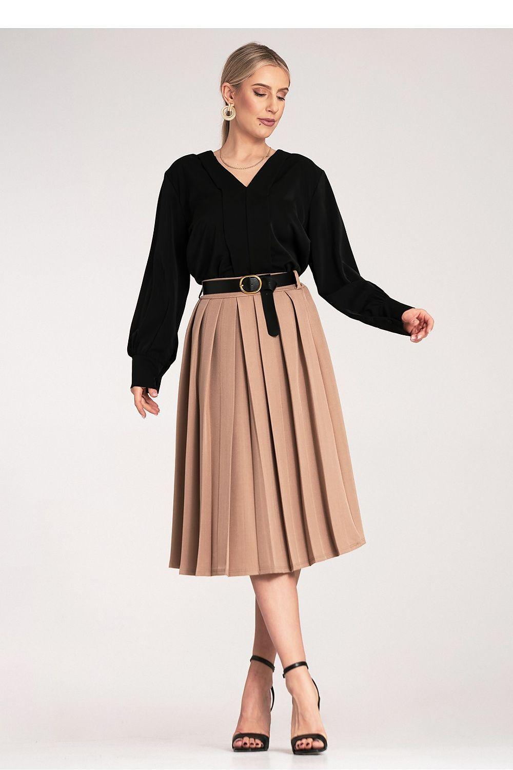 Figl pleated midi skirt with belt detail, beige-brown