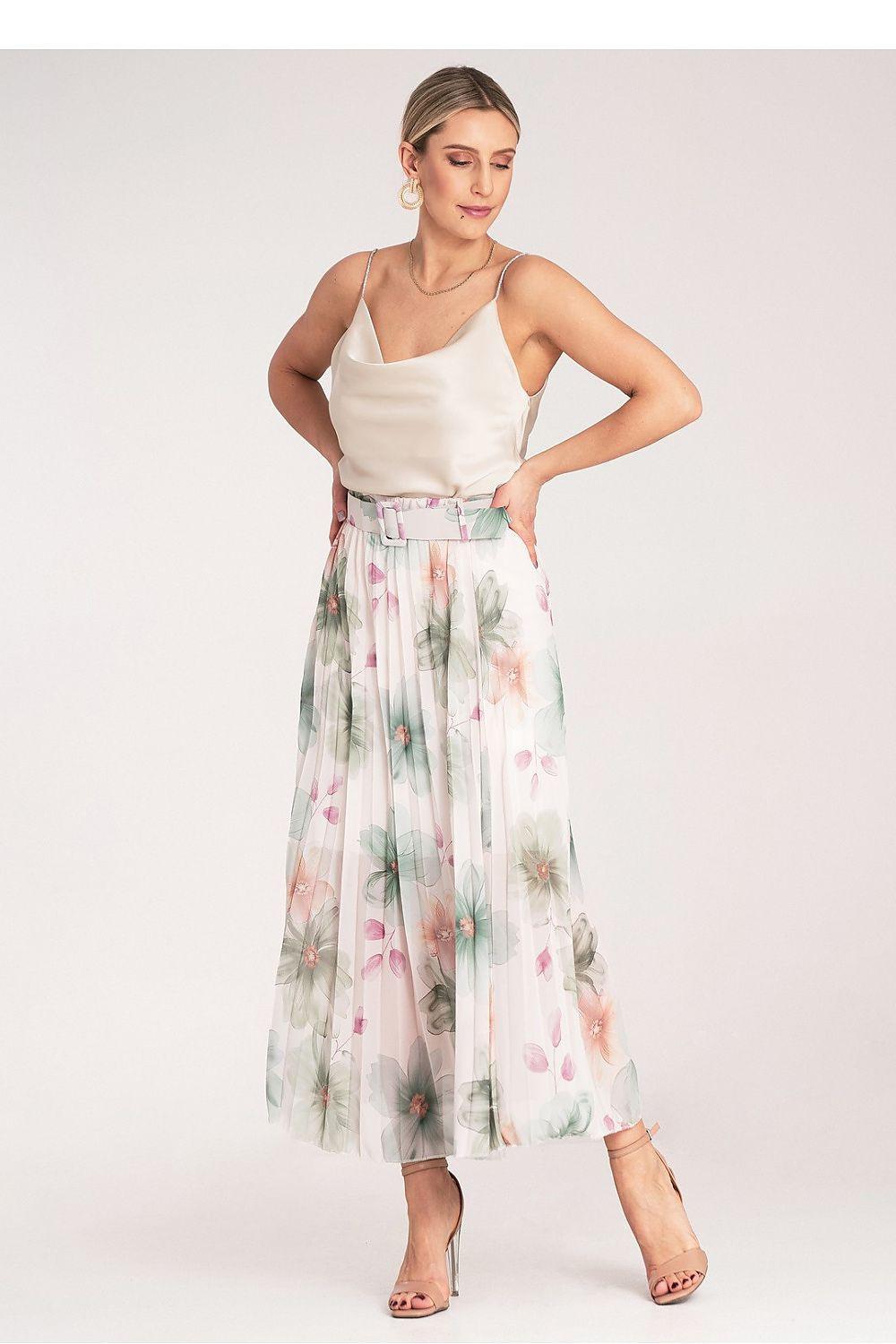 Figl floral midi skirt with mixed green and pink blossoms, pleated A-line waist belt