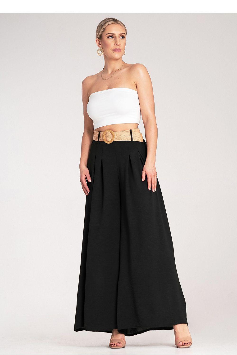 Figl women’s trousers: wide-leg black, elastic waist, gold buckle belt