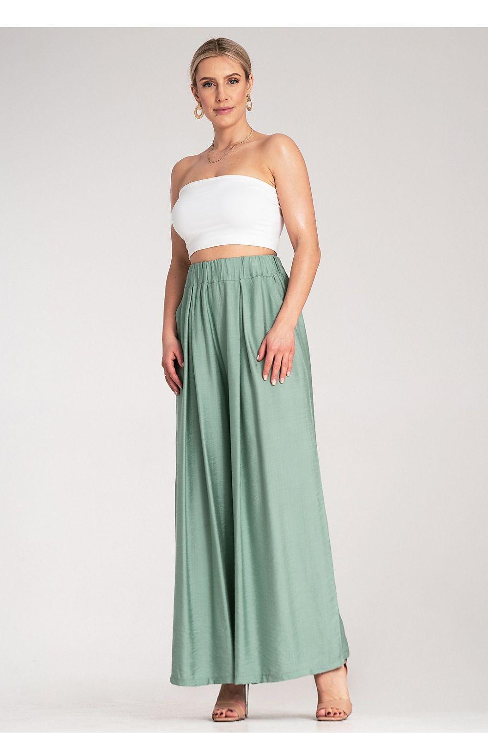 Figl women green wide-leg trousers, elastic high waist, front view