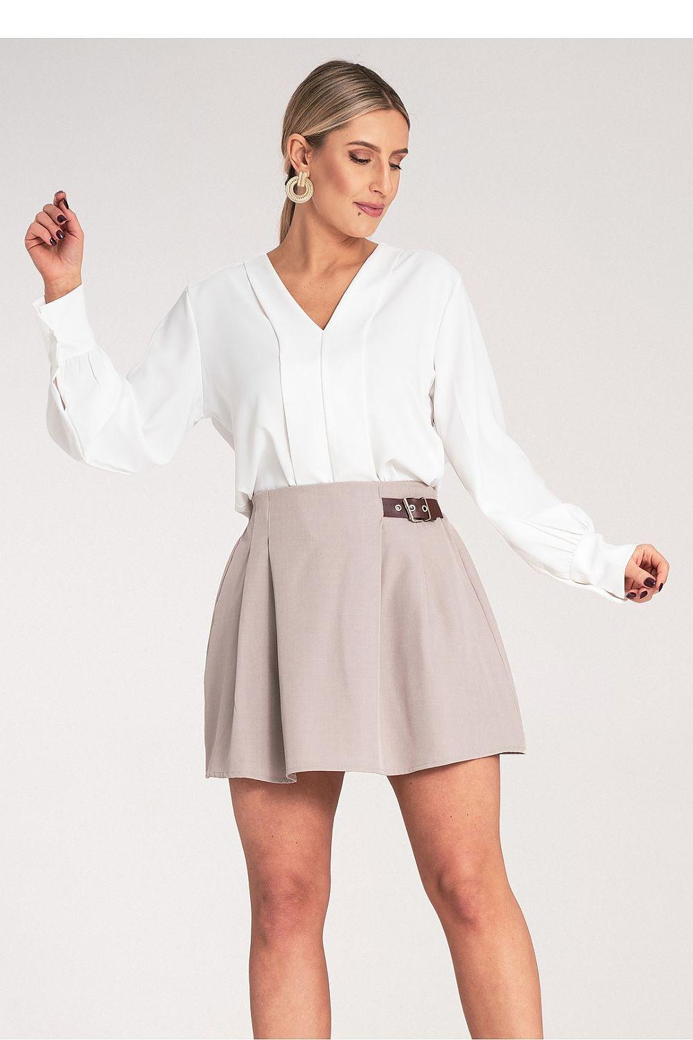 Figl short skirt, beige pleated mini with belt and buckle, close front view
