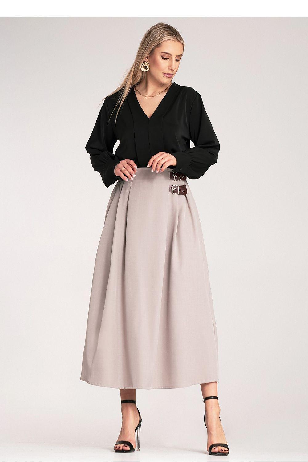 Figl skirt: beige midi skirt front view with wide belt and buckle, pleated texture.