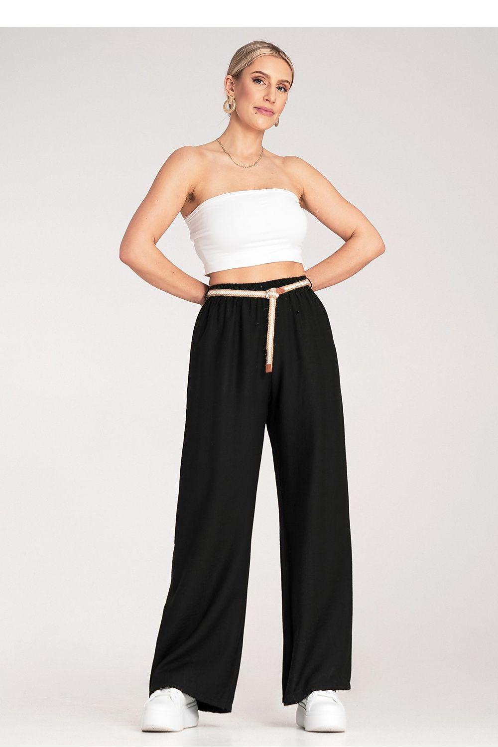 Women wide-leg trousers by Figl, black with wide legs and fabric tie waistband