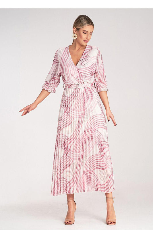 Pink satin maxi day dress, front profile: V-neck, gathered sleeves, tie waist pleated