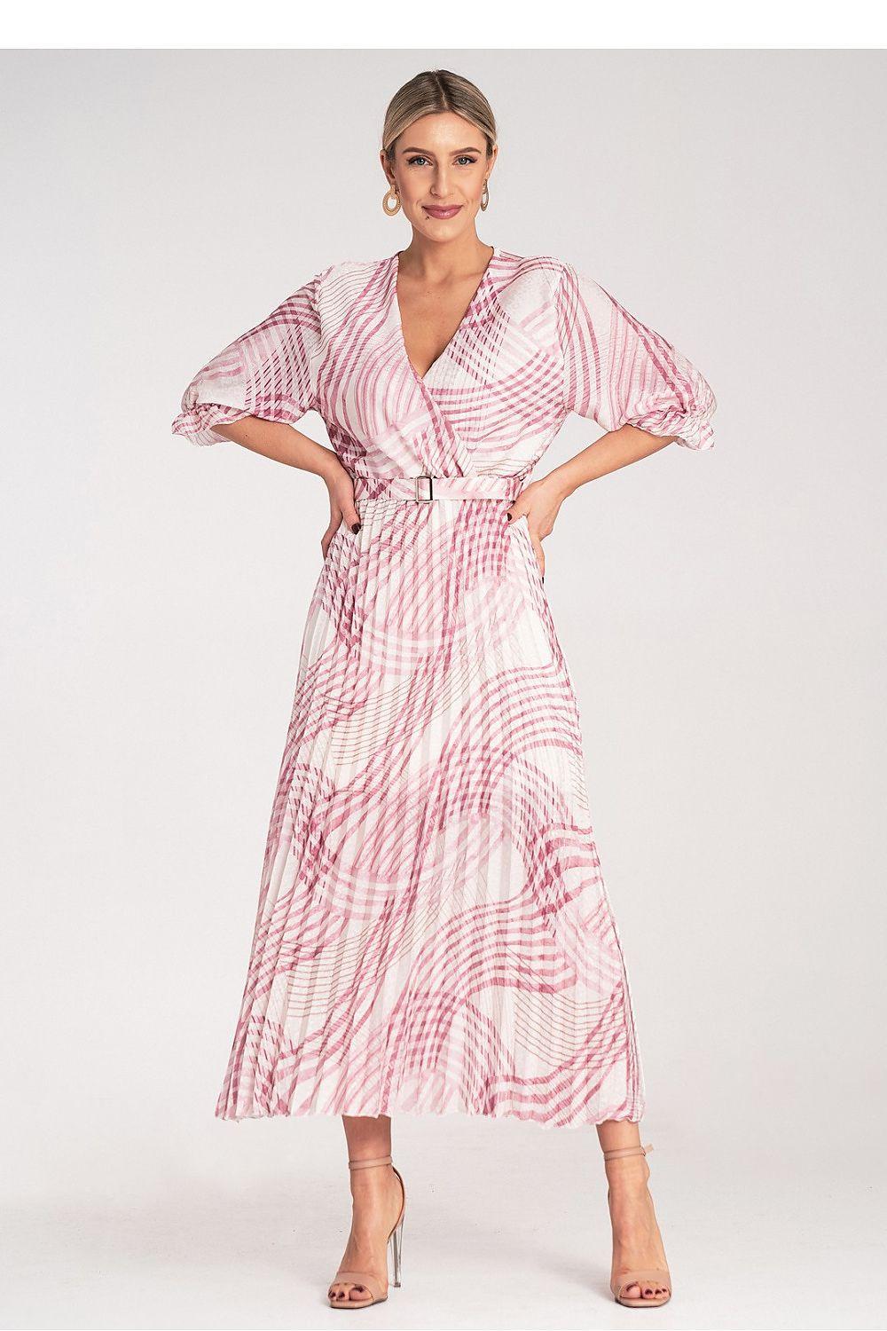 Figl pink midi daydress with V-neck, gathered puff sleeves, and waist belt