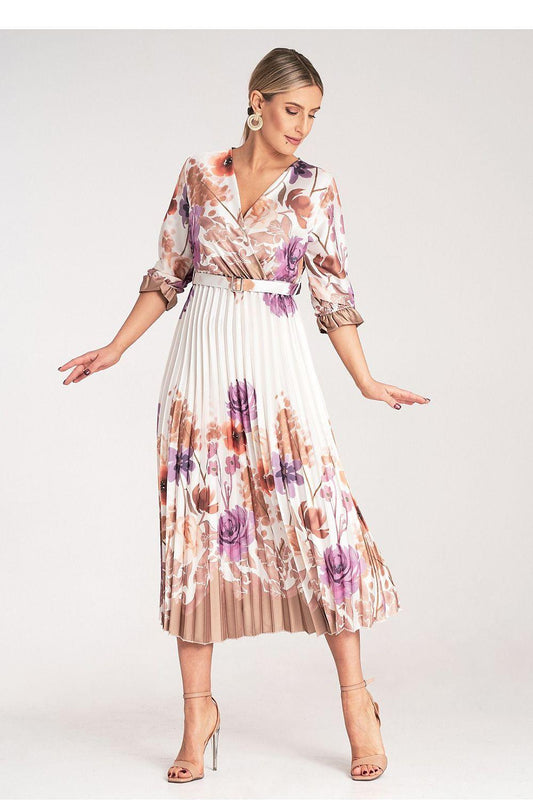 Floral V-neck daydress with belted waist, pleated skirt, purple-and-pink blooms, ruched 3/4 sleeves