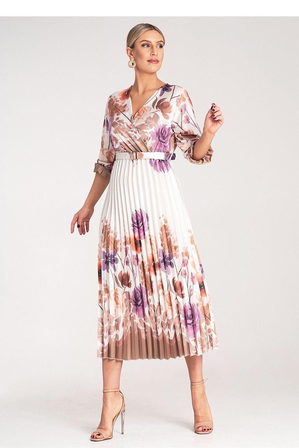 Figl day dress, white with purple floral watercolor; V-neck, belted waist, midi length