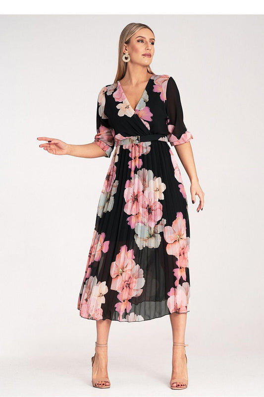 Floral midi day dress with V-neck and waist tie, black base with pink and white flowers