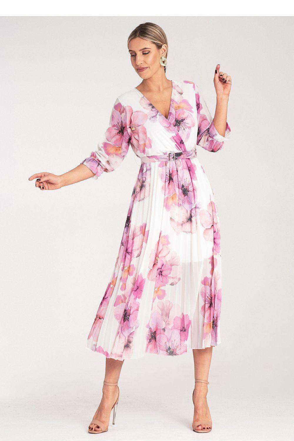 White floral midi daydress with V-neck and waist tie, flutter 3/4 sleeves