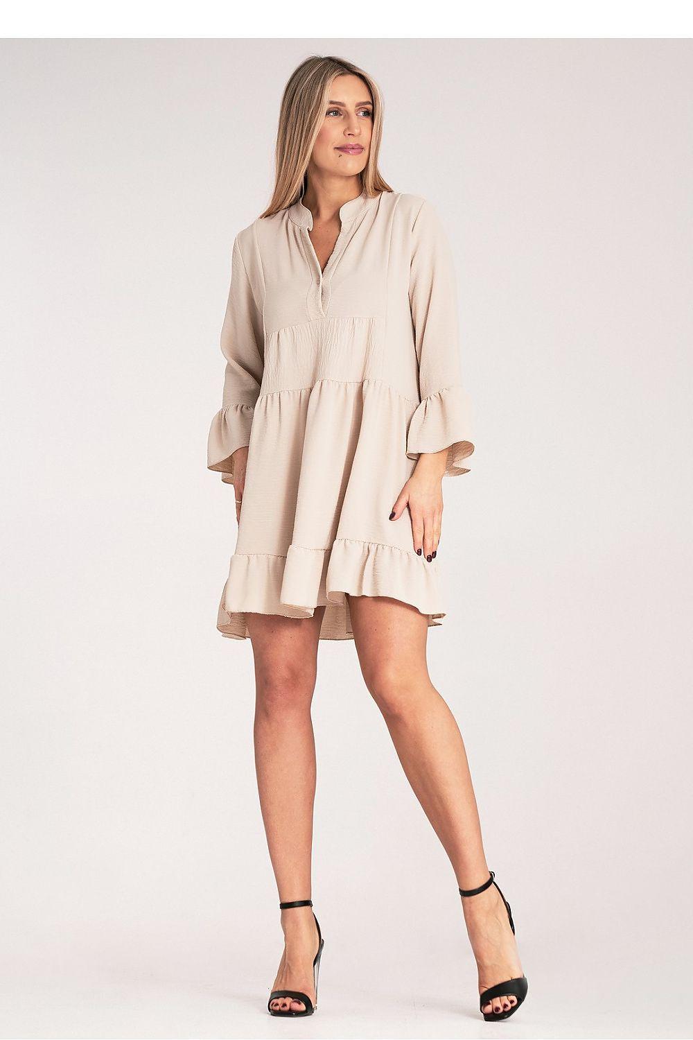 Beige tiered daydress with V-neck, long flared sleeves and layered ruffle hem