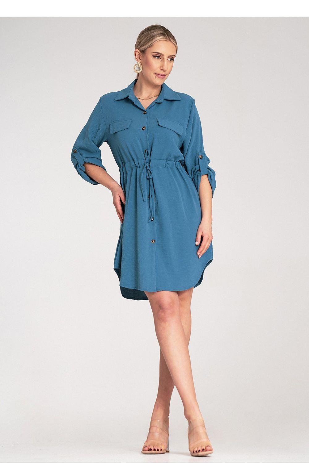 Blue button-front daydress with collar, tie waist, and 3/4 sleeves.