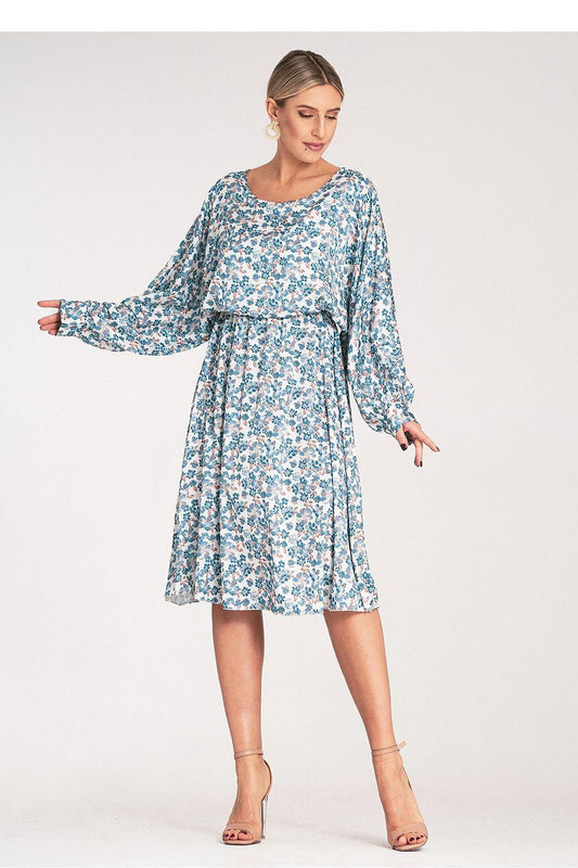 Blue floral daydress with long balloon sleeves and gathered waist