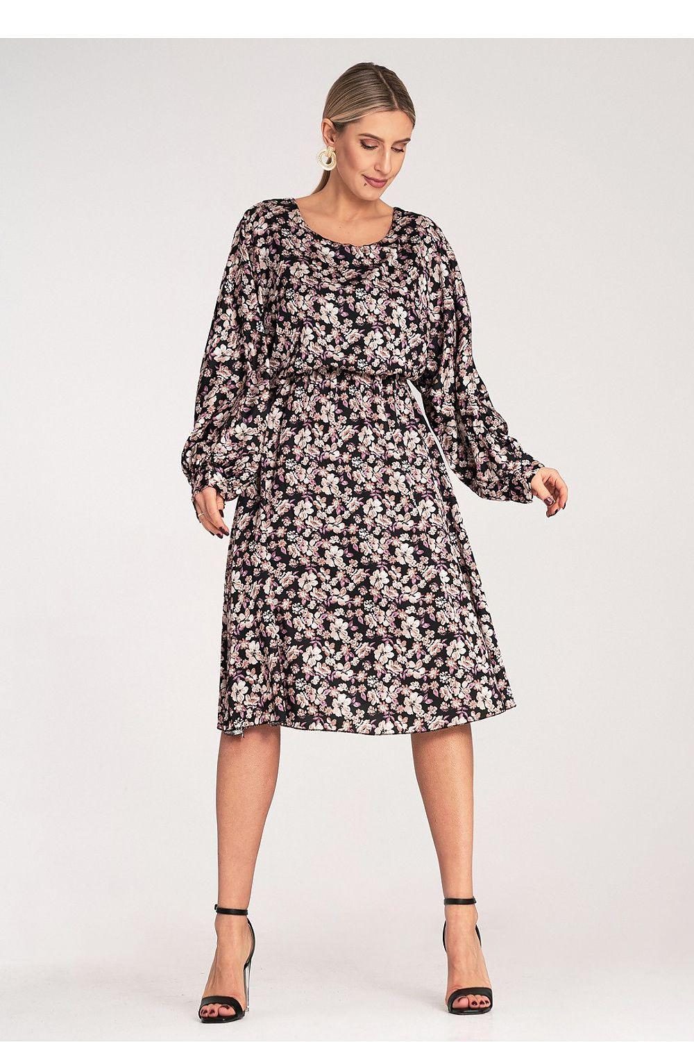 Floral long-sleeve daydress with gathered neckline and flared skirt in dark tones