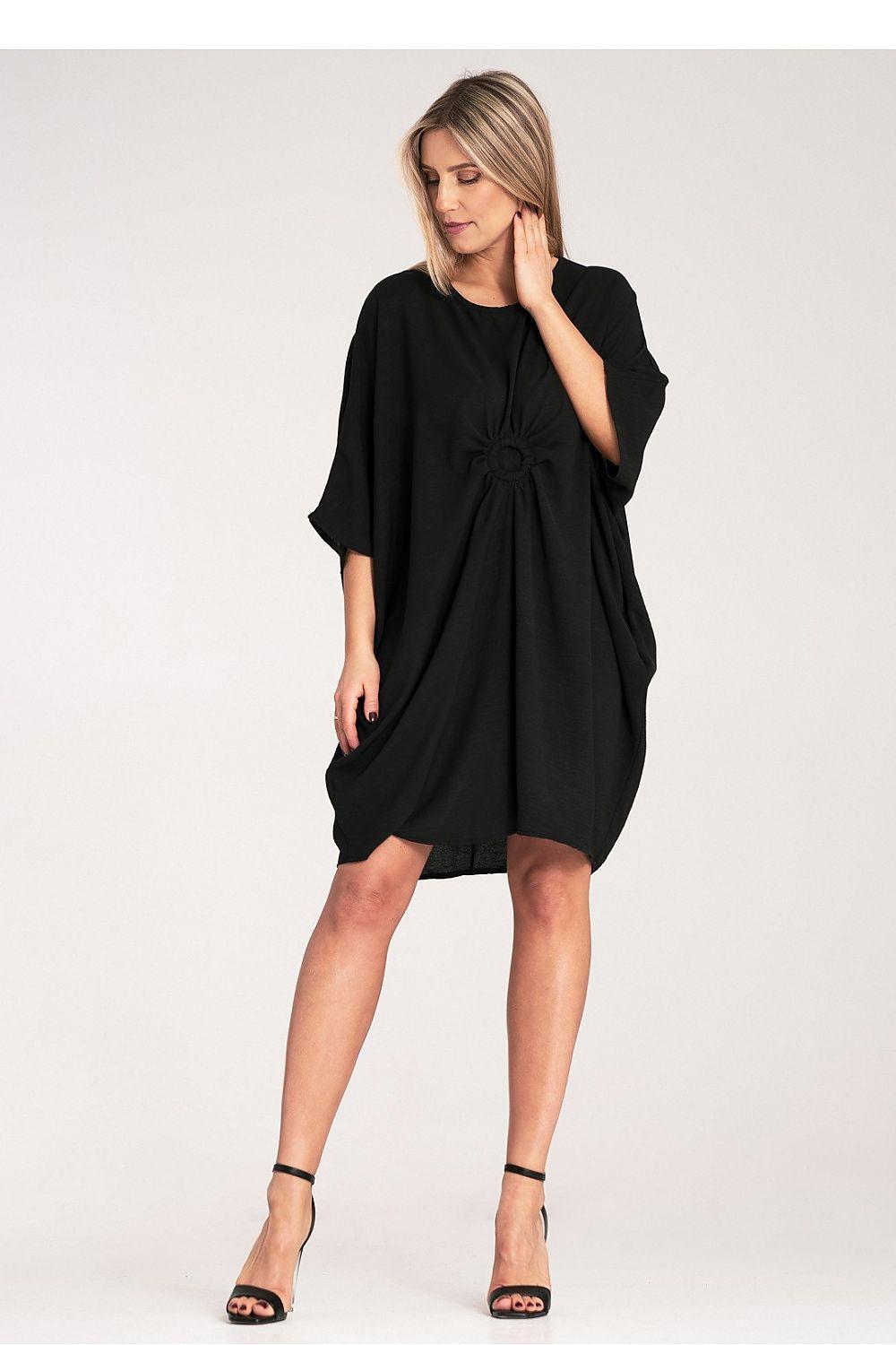 Black daydress with rosette at bust and wide short sleeves, mid-thigh length