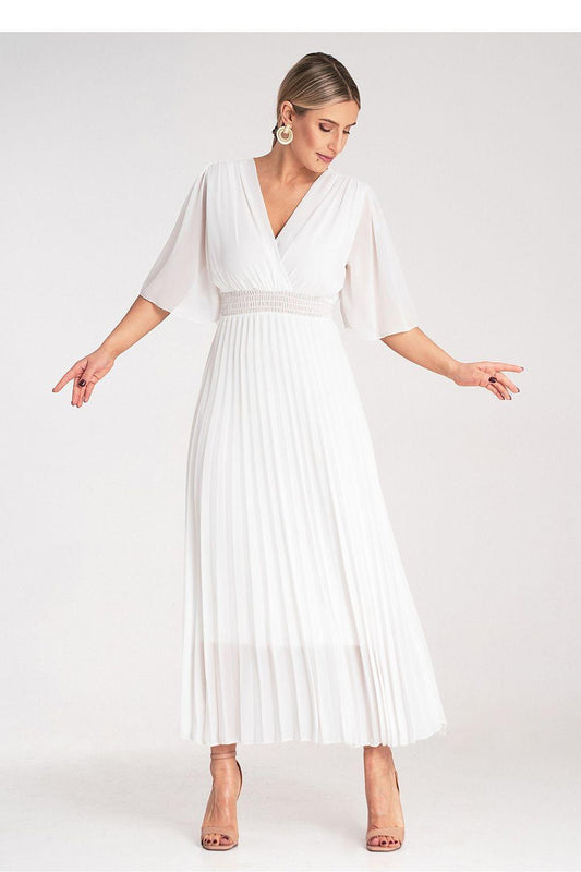 Figl white V-neck cocktail dress with pleated midi skirt, short sleeves