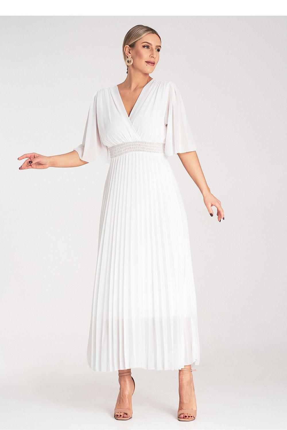 Figl white cocktail dress with V-neck, pleated skirt and gathered waist detail