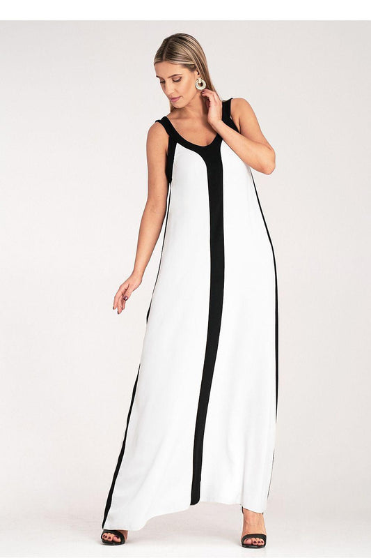 Figl daydress sleeveless V-neck with central black stripe and wide white skirt