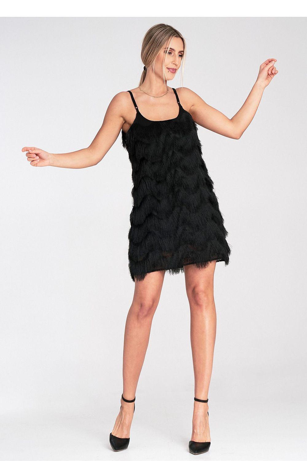 Black spaghetti-strap evening dress with feathered layered texture and flared hem