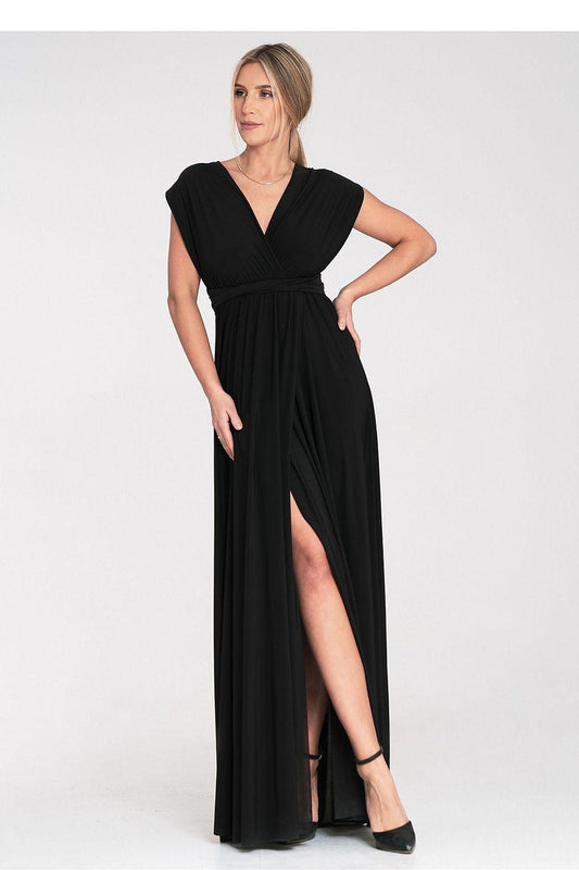 Figl black long sleeveless dress with V-neck and side slit, draped waist