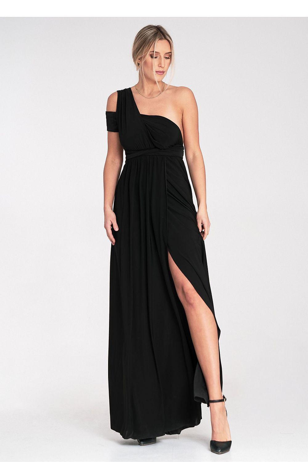 Figl black long one-shoulder dress with draped wrap front and side slit