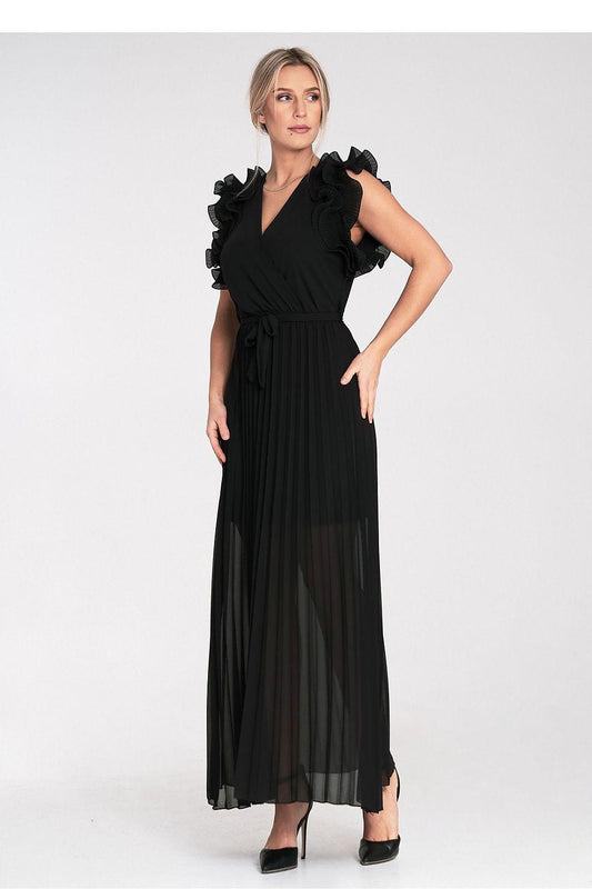 Black sleeveless maxi dress with ruffle cap sleeves, fitted waist, and pleated skirt