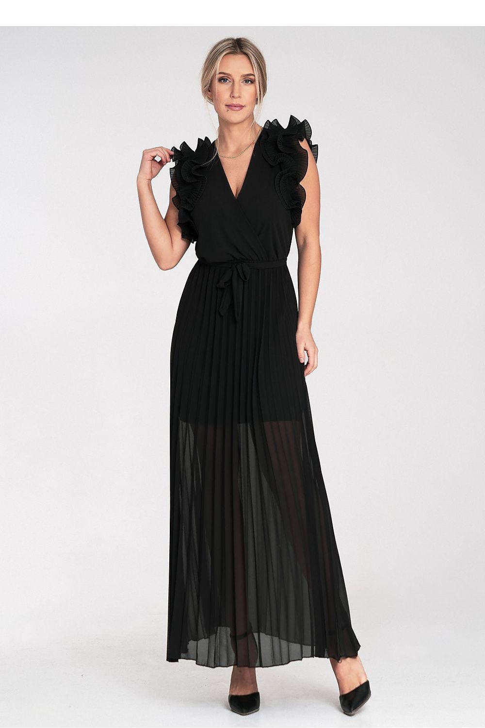 Black long dress with V-neck, ruffled sleeves, belted waist, pleated sheer maxi skirt
