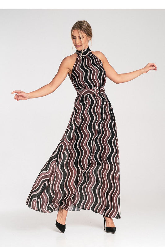 Sleeveless maxi daydress with bare shoulders and high neck, wavy stripe pleats at waist