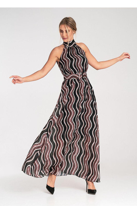 Wavy striped halter maxi dress with flowing skirt, black beige and pink stripes