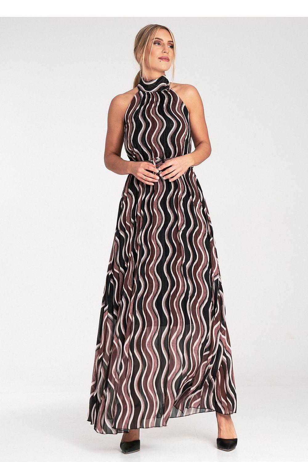 Sleeveless halter maxi daydress with high neck and wavy black, pink, white stripes
