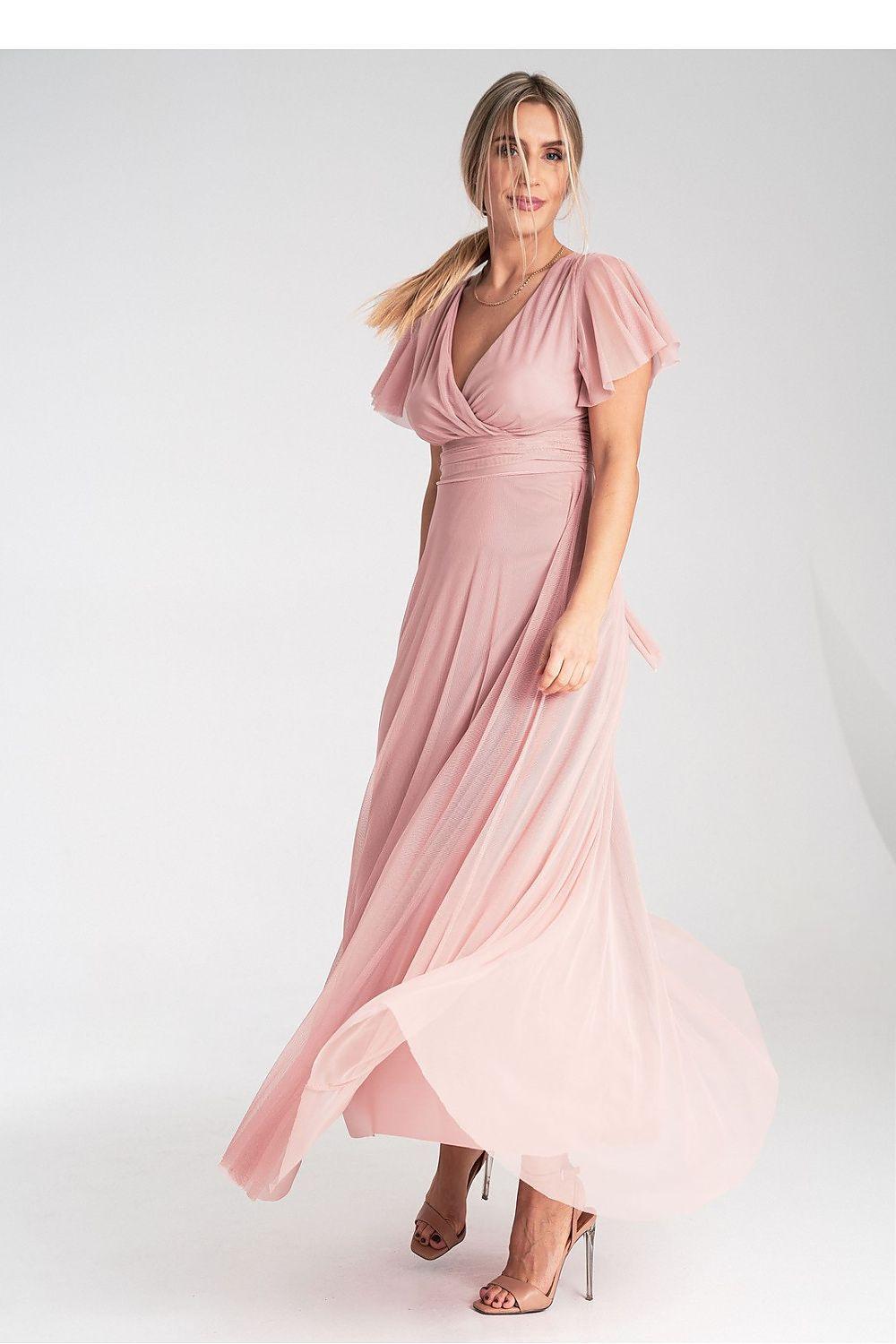 Blush pink long V-neck wrap dress with flutter sleeves, draped waist, sheer skirt