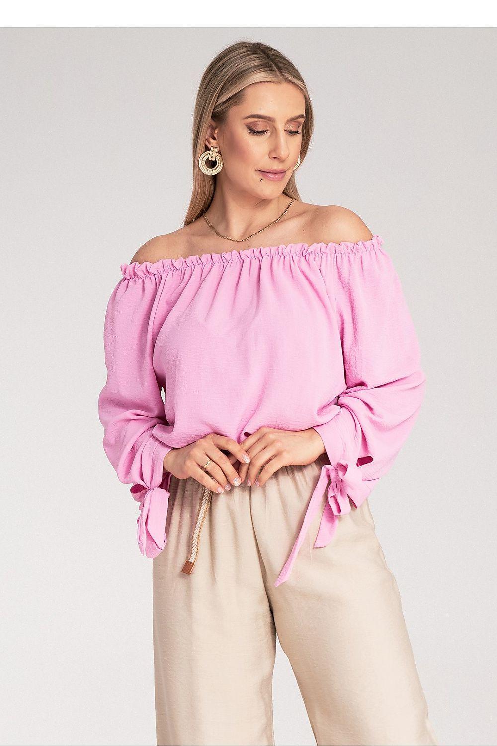 Figl off-shoulder blouse, pink; gathered neckline and long sleeves with ribbon ties