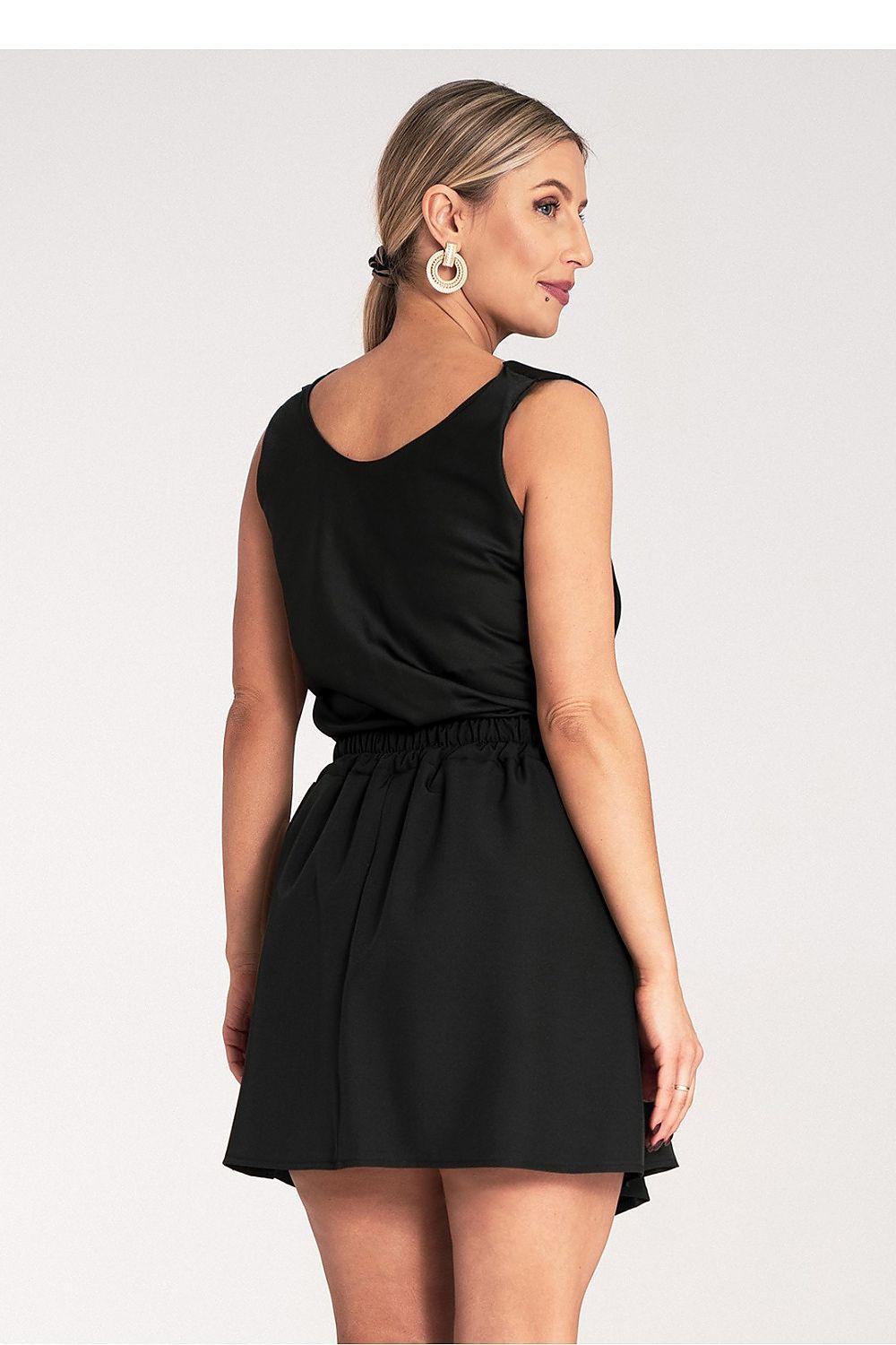 Black satin sleeveless blouse with draped cowl neckline, side view