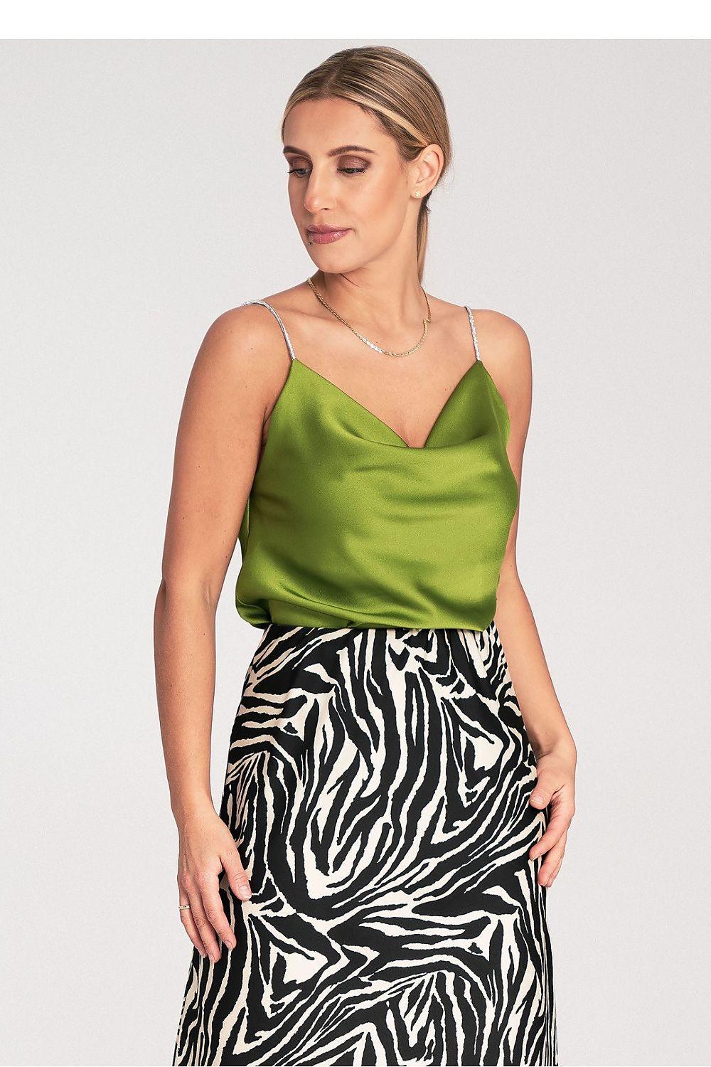 Green satin camisole top with spaghetti straps and cowl neckline, close-up